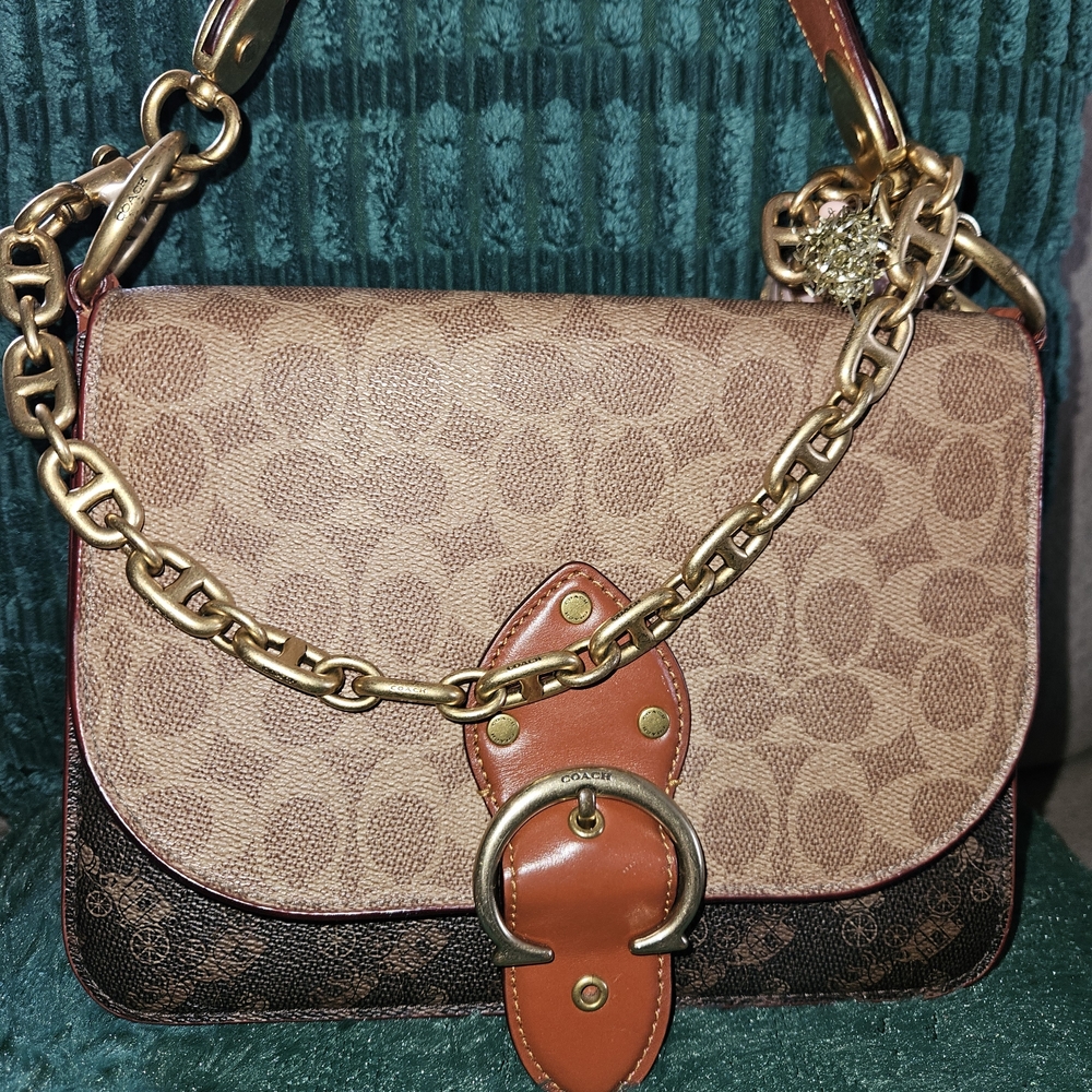 Coach Brown and Tan Signature Shoulder Bag